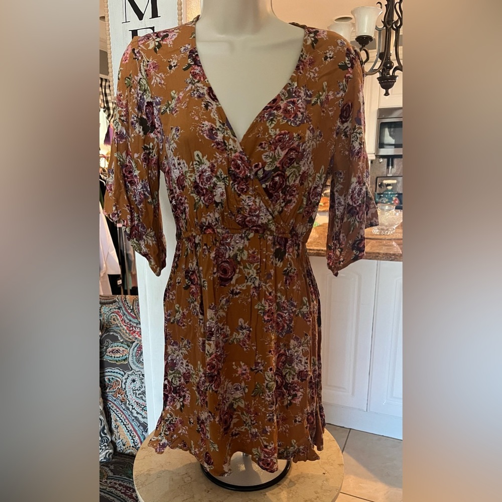 Xhilaration Mustard Floral Wrap Midi Dress with Rose Accents - Picture 2 of 4